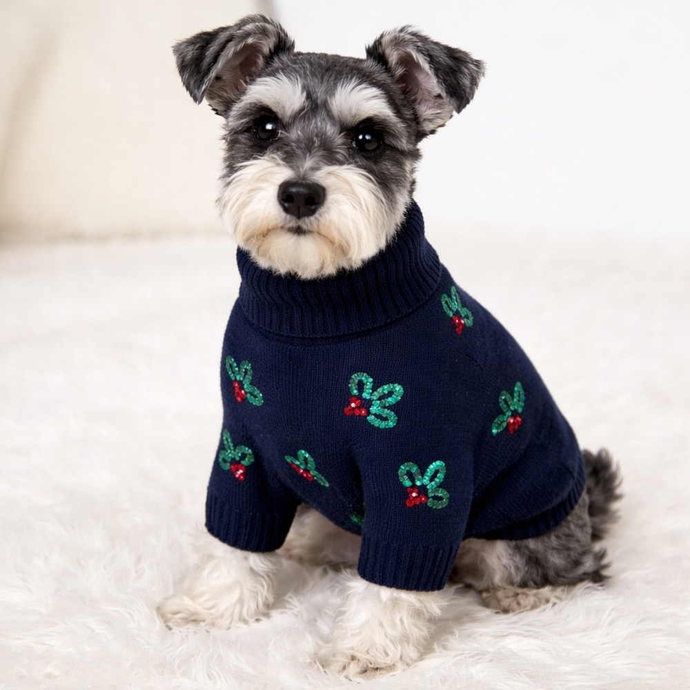 Navy Blue Christmas Pet Dog Sweater with Green & Red Holly Large New with Tags